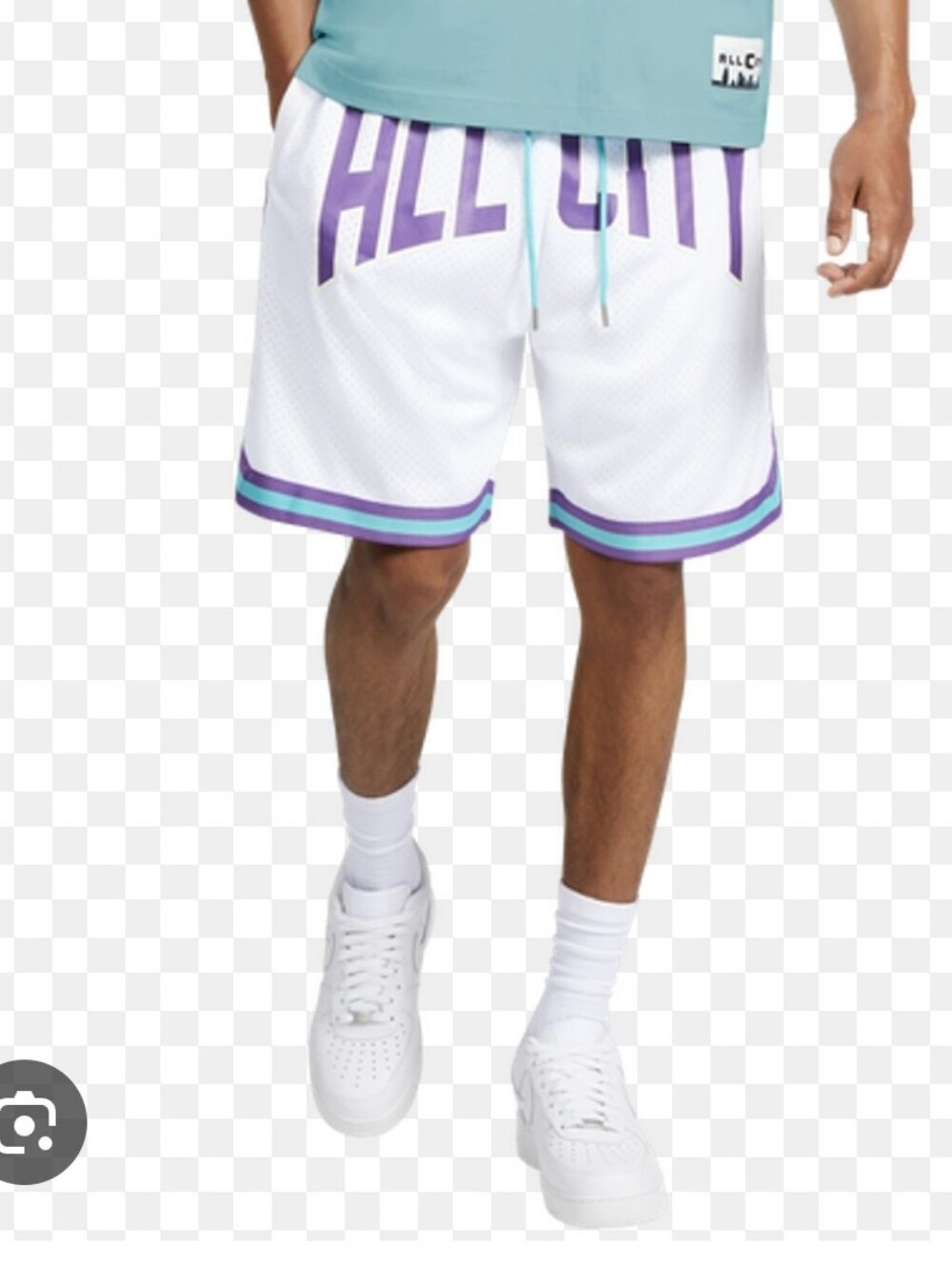 All City White Mesh Basketball Shorts with Purple Trim